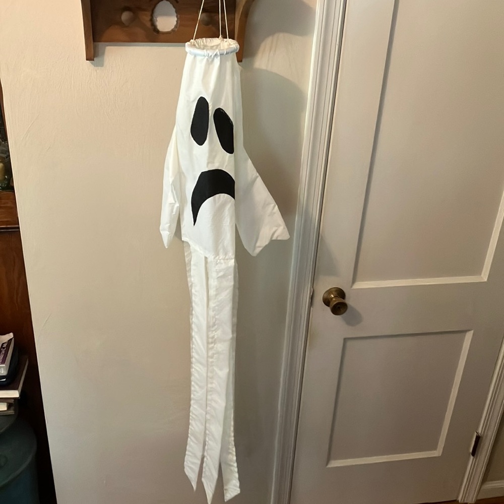 Halloween Ghost Windsock 56” top to bottom. Spins in wind, ghost face front/back